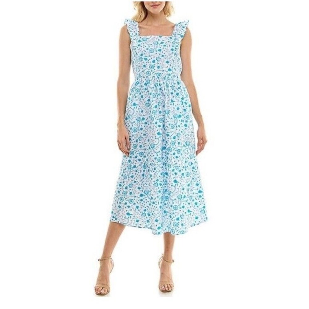Draper James Flutter Strap Smocked Midi Dress Blue Floral Cottagecore Small NWTs